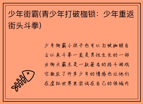 少年街霸(青少年打破枷锁：少年重返街头斗拳)